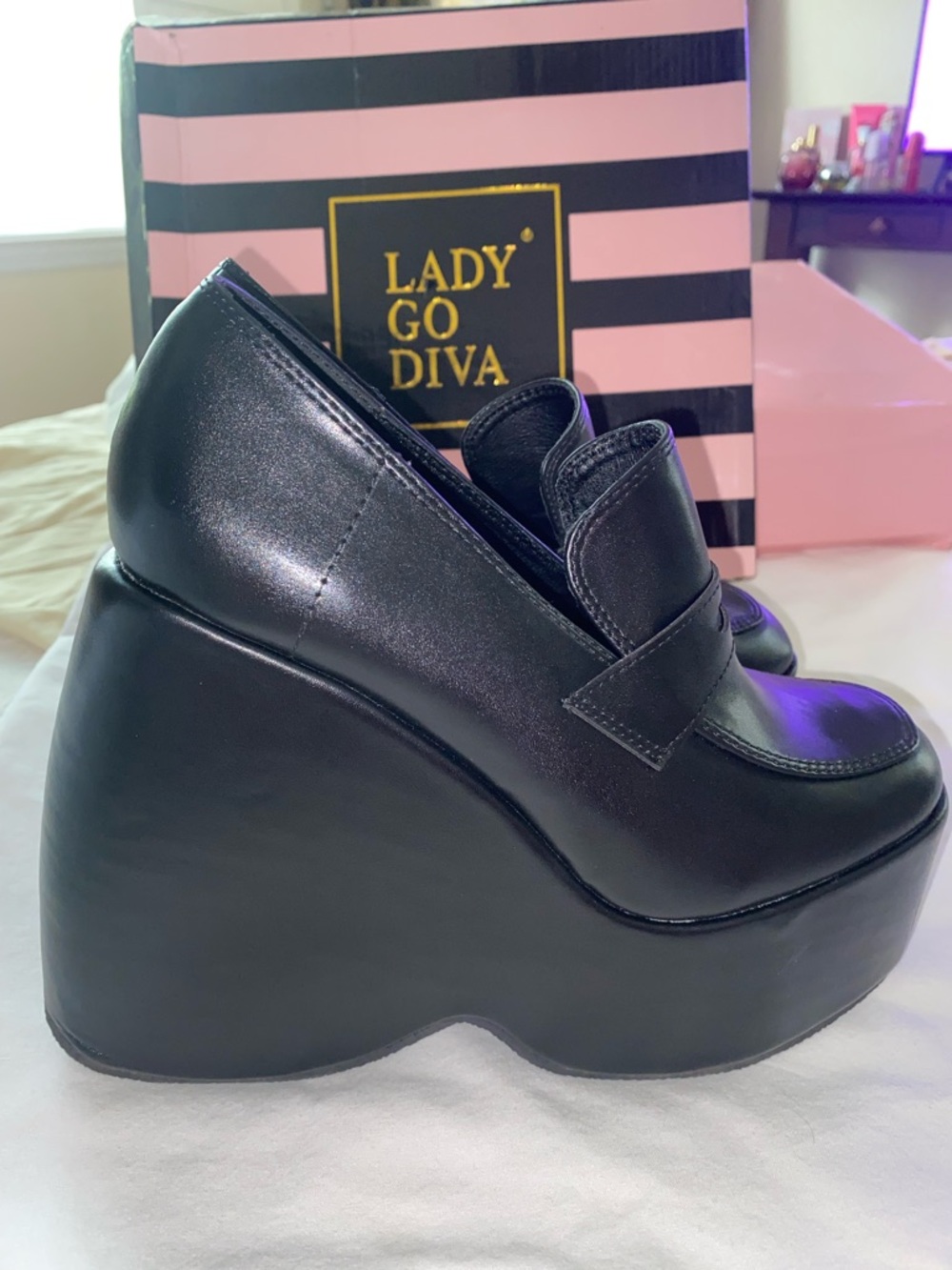 Dolls Kill-First Love Wedge Loafers, Lady Go Diva Black Platform Wedge Loafers